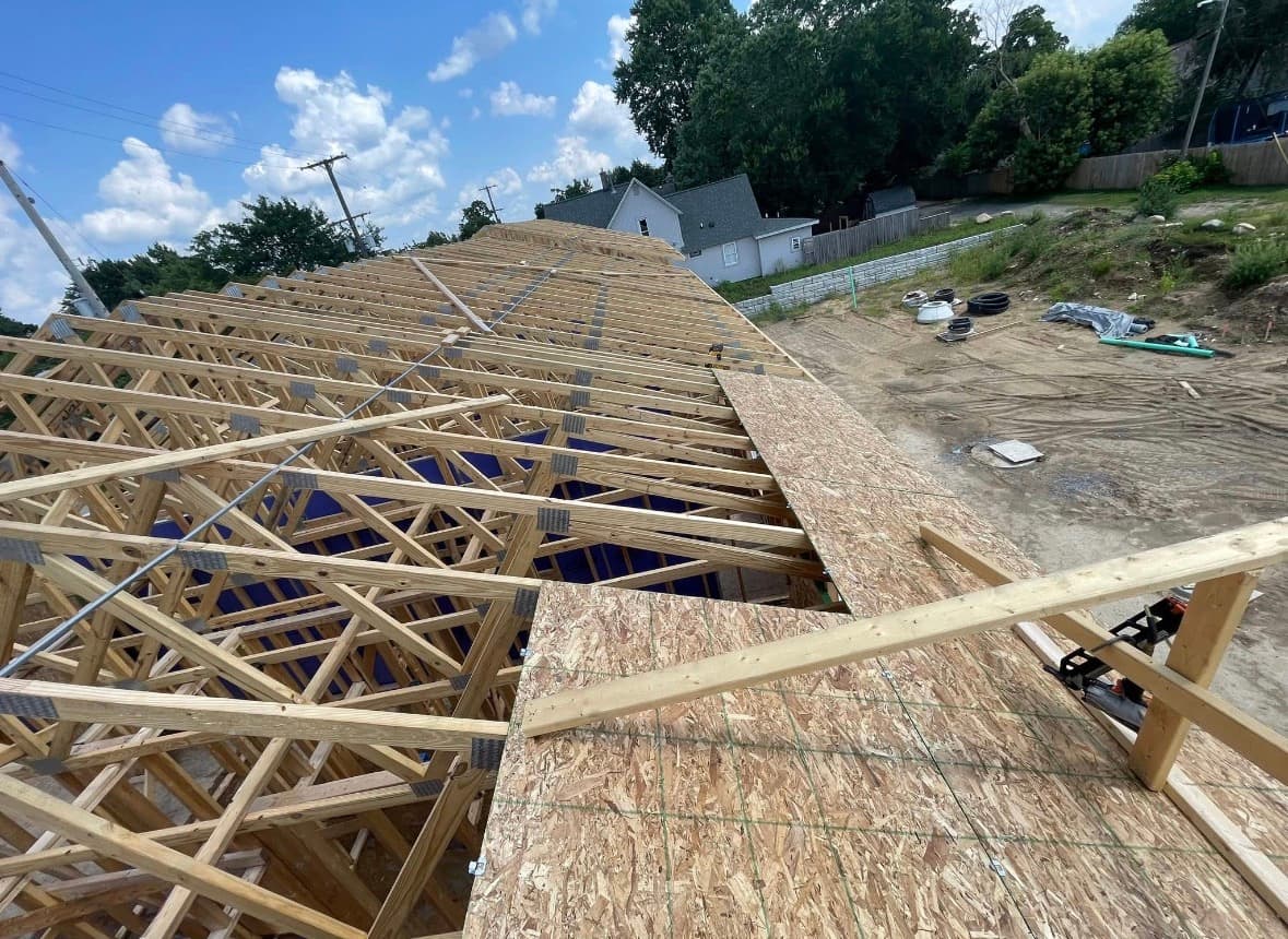 Fresh truss framing on a new build